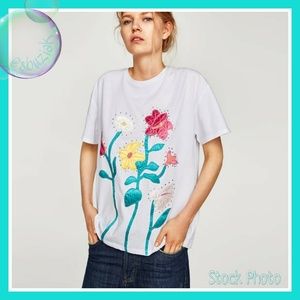 Zara Flower Applique Classic Crew Neck T-Shirt